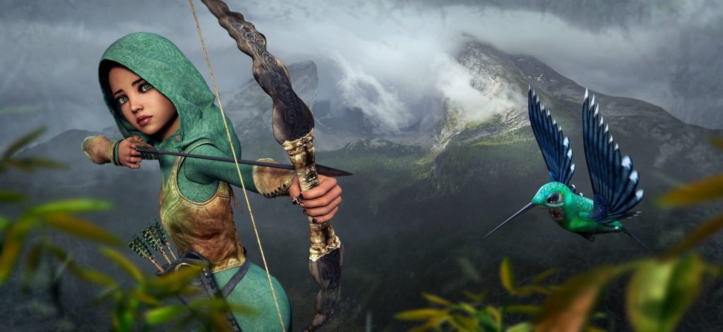 Le conte en image : Une femme archer vise un oiseau turquoise dans un décor naturel vert et gris